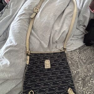 Gucci Black Signature Canvas Shoulder Bag with Cream Trim